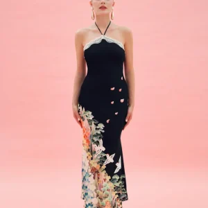 Robe longue à licou en satin à imprimé - noir