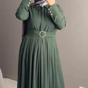 ROBE LONGUE ELEGANTE AVEC CEINTURE ET BOUTONS DORES