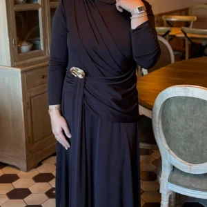 ROBE HIJAB CHIC COULEUR MARRON -KAHVERENGI DRAPELI ALTIN TOKALI UZUN ELBISE