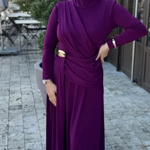 ROBE HIJAB CHIC COULEUR PRUNE -MURDUM DRAPELI ALTIN TOKALI UZUN ELBISE