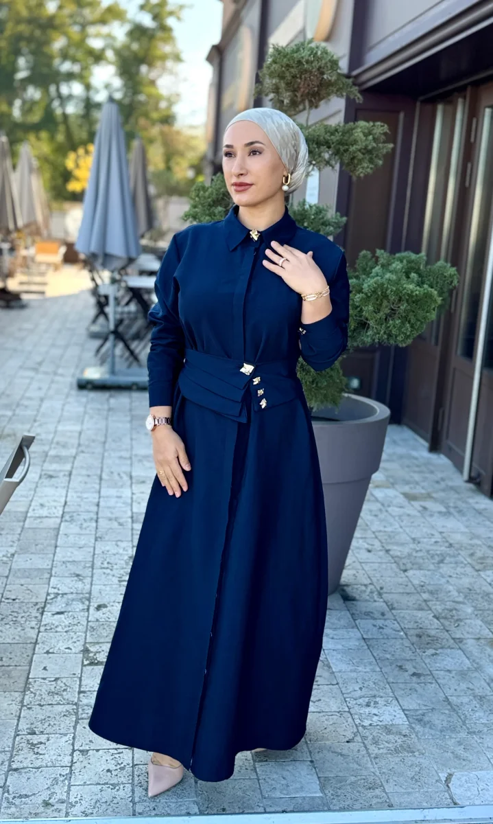 ROBE HIJAB CHIC AVEC CEINTURE-LACIVERT TESETTUR ELBISE – Image 3