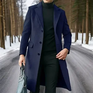 Manteau Long Bleu Marine | Laine Mélangée | Élégant & Chaud