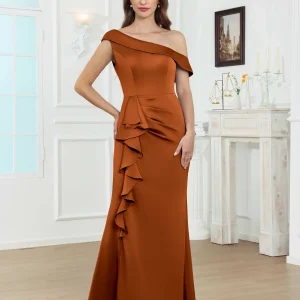 Mère De Mariée En Satin À Gaine Une Épaule Volants Long Anouk