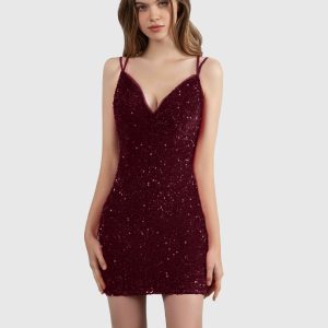 Mini Robes De Soirée En Velours Et Paillettes À Col En V Bailey