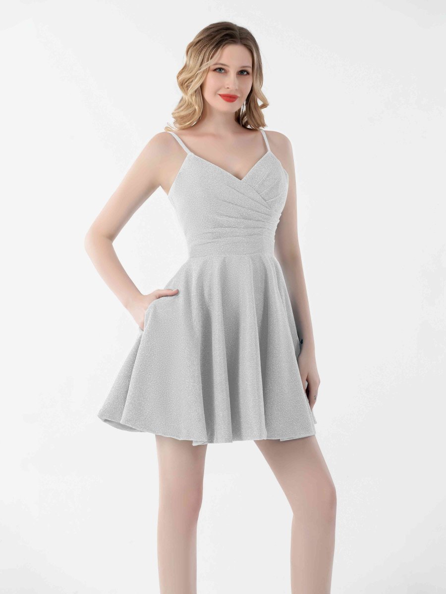 Mini Robes De Soirée Froncées À Paillettes Et Col En V Avec Poches Norah – Image 5