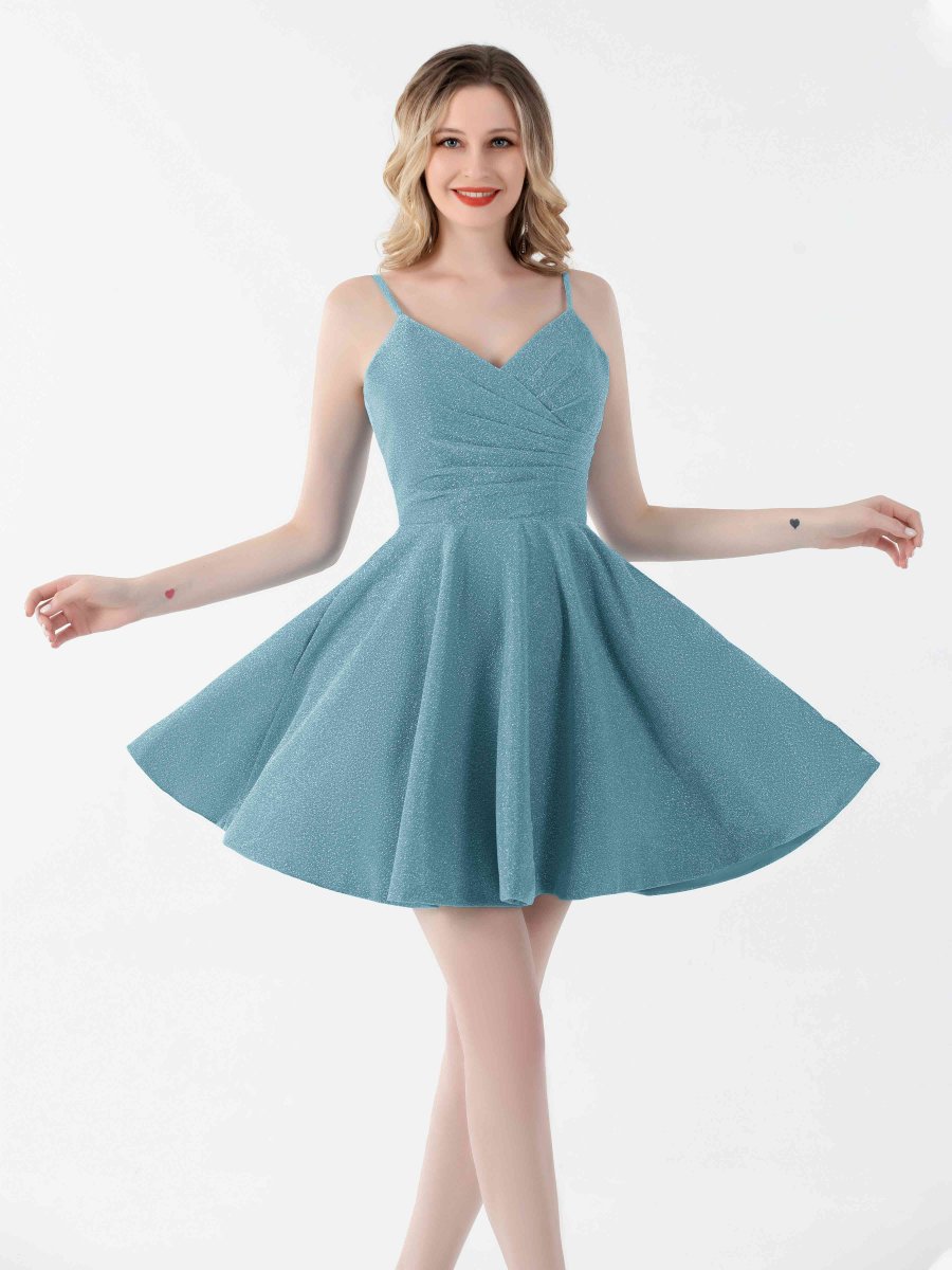 Mini Robes De Soirée Froncées À Paillettes Et Col En V Avec Poches Norah – Image 7