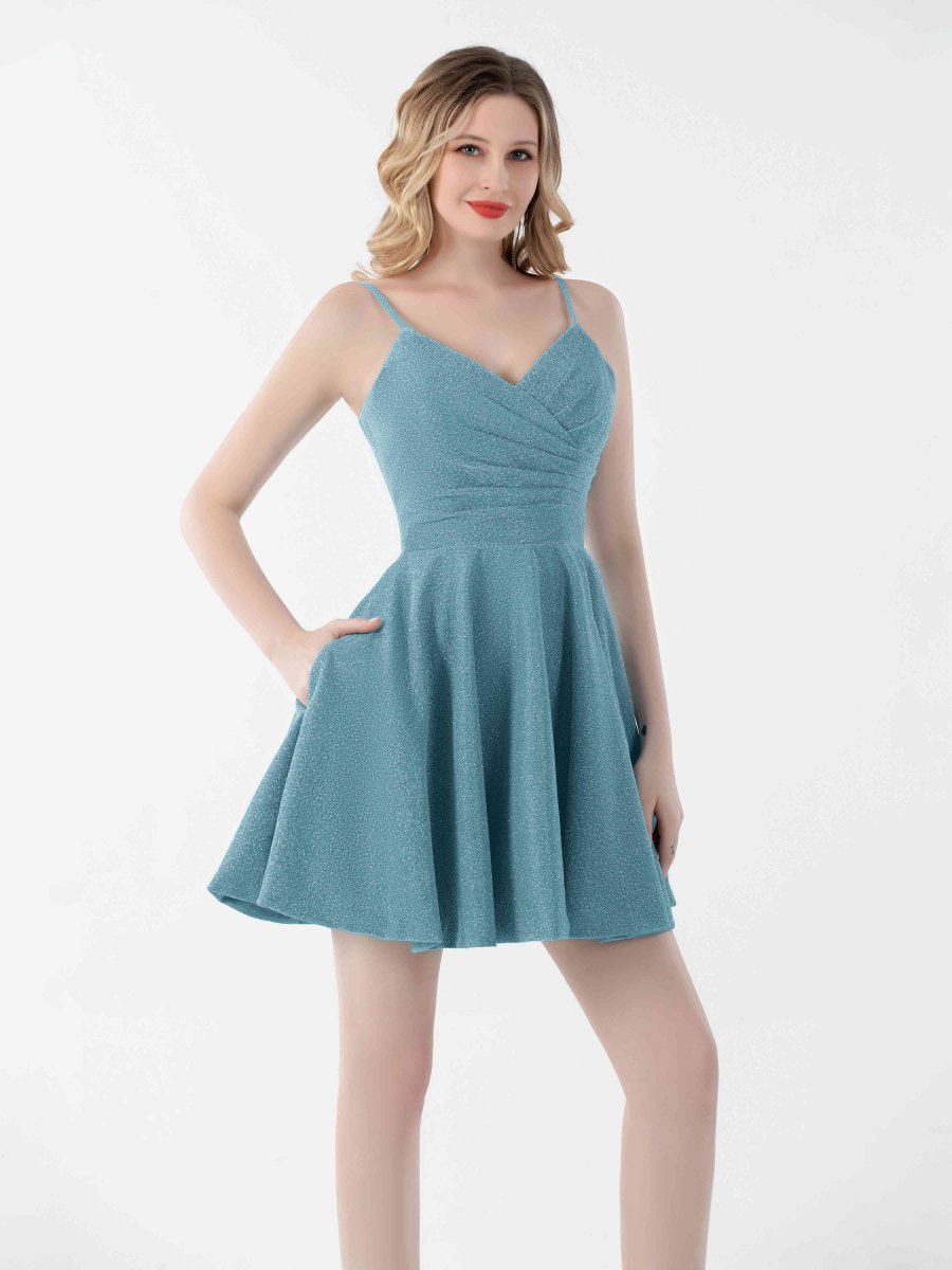 Mini Robes De Soirée Froncées À Paillettes Et Col En V Avec Poches Norah – Image 8