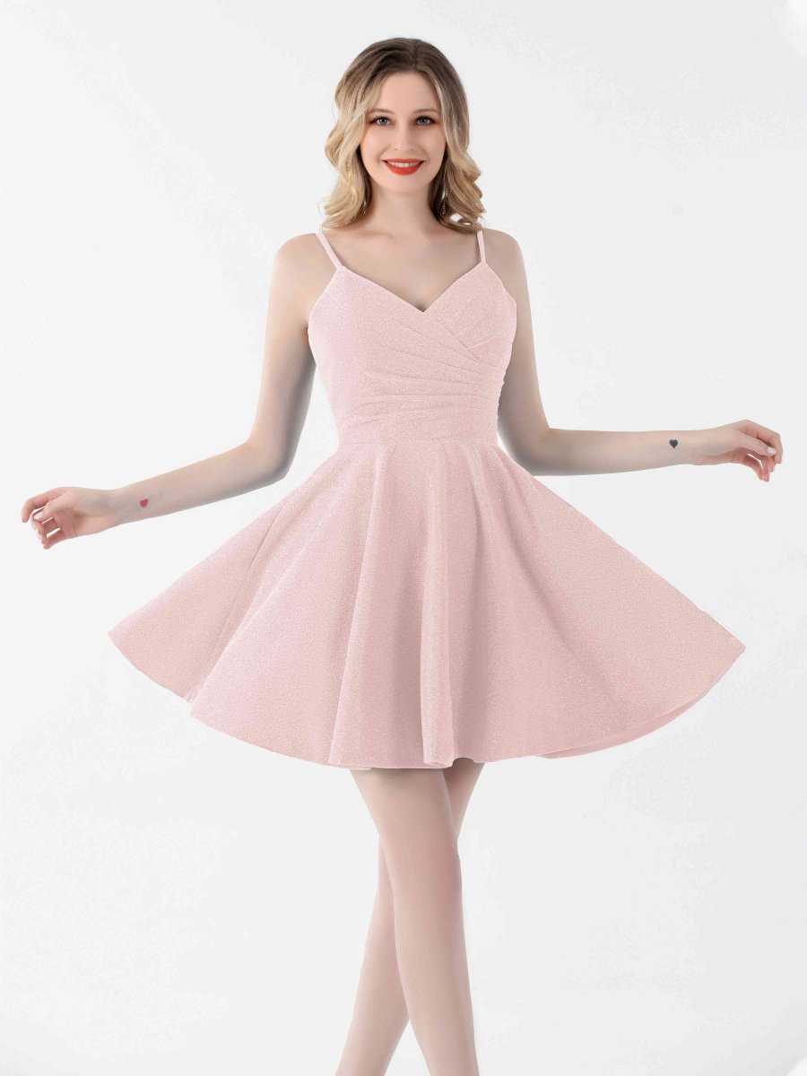 Mini Robes De Soirée Froncées À Paillettes Et Col En V Avec Poches Norah