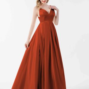 Robes En Satin À Fente À Jambe Et Col V Avec Poches Noelle