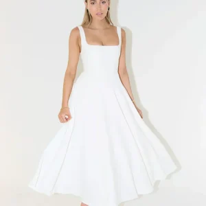 Elena - Robe Midi Évasée | Élégante | Col Carré & Bretelles Larges