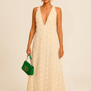 Chic Women's Plunging Neckline Maxi Dress with 3D Details