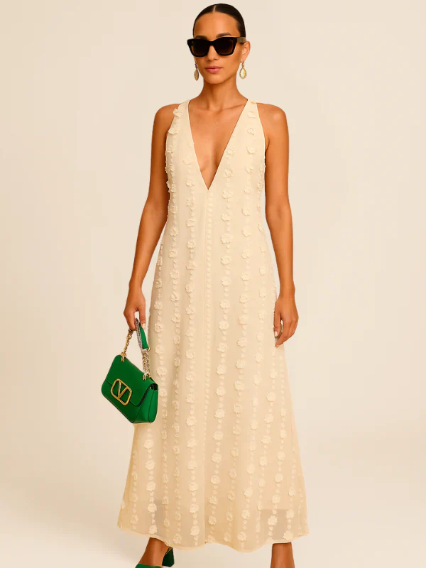 Chic Women's Plunging Neckline Maxi Dress with 3D Details – Image 2