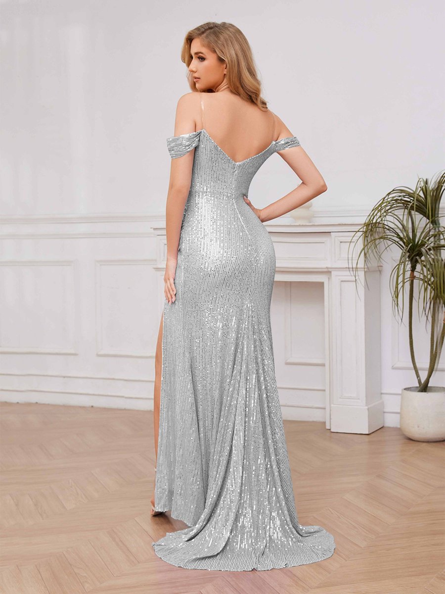 Robe De Bal En Pailleté À Épaules Dénudées Fente À Jambe Traîne Balayage Skyla – Image 6