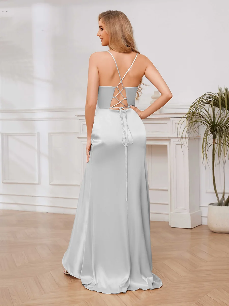 Robe De Bal En Satin À Bretelles Spaghetti Fente À Jambe À Lacets Mariam – Image 6