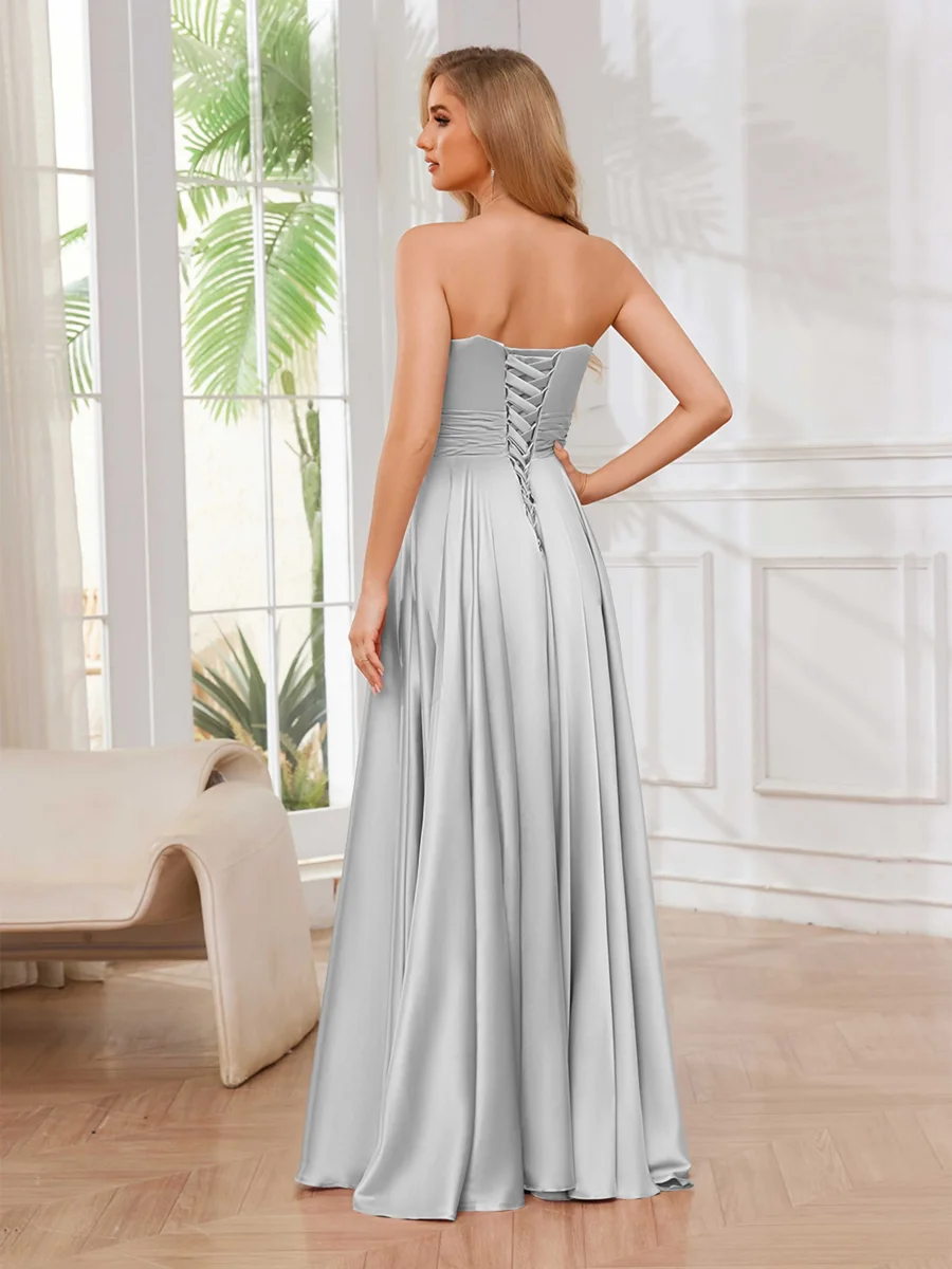 Robe De Bal En Satin À Sans Manches Fente À Jambe Ruché Melina – Image 6