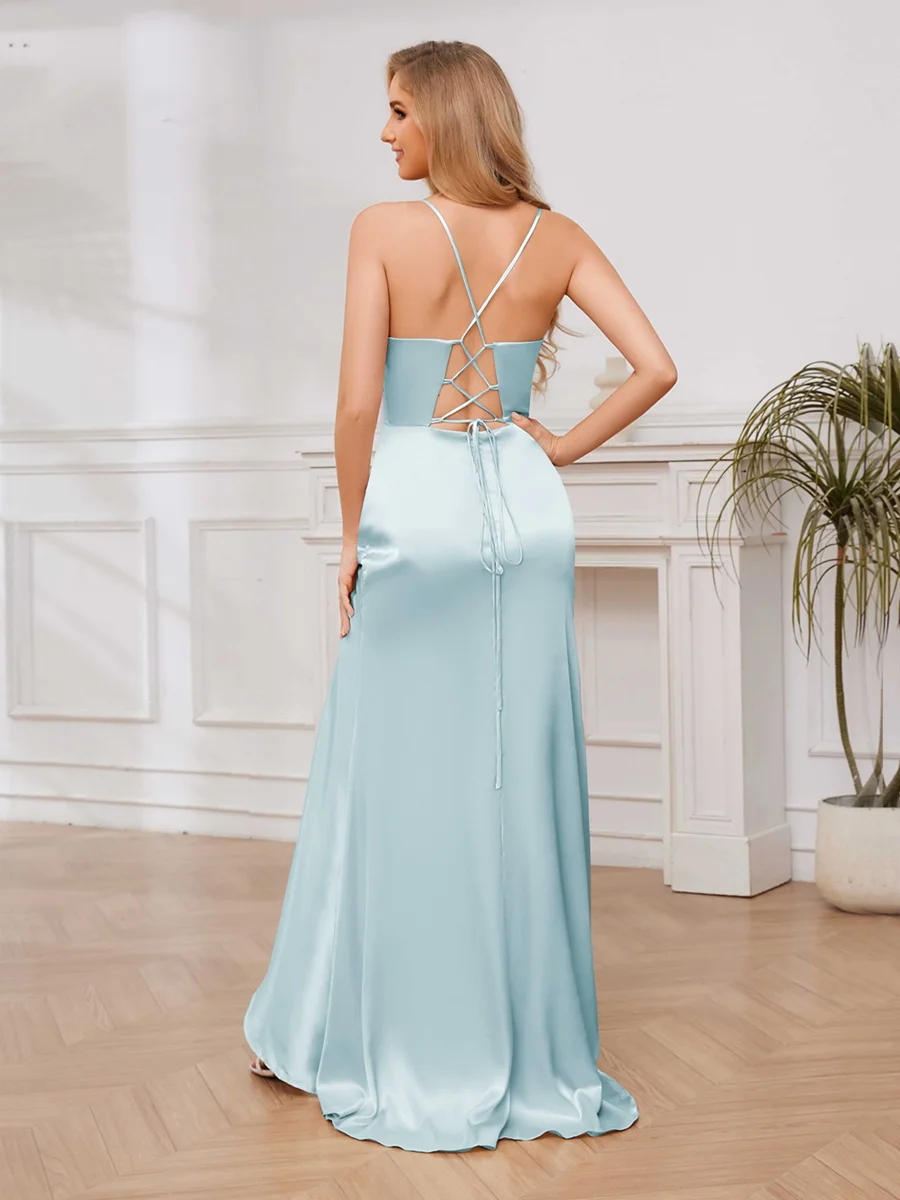 Robe De Bal En Satin À Bretelles Spaghetti Fente À Jambe À Lacets Mariam – Image 9