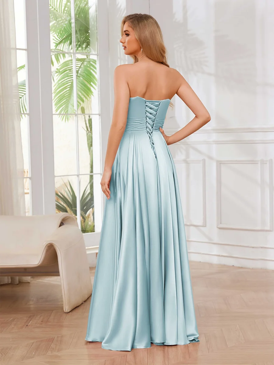 Robe De Bal En Satin À Sans Manches Fente À Jambe Ruché Melina – Image 3