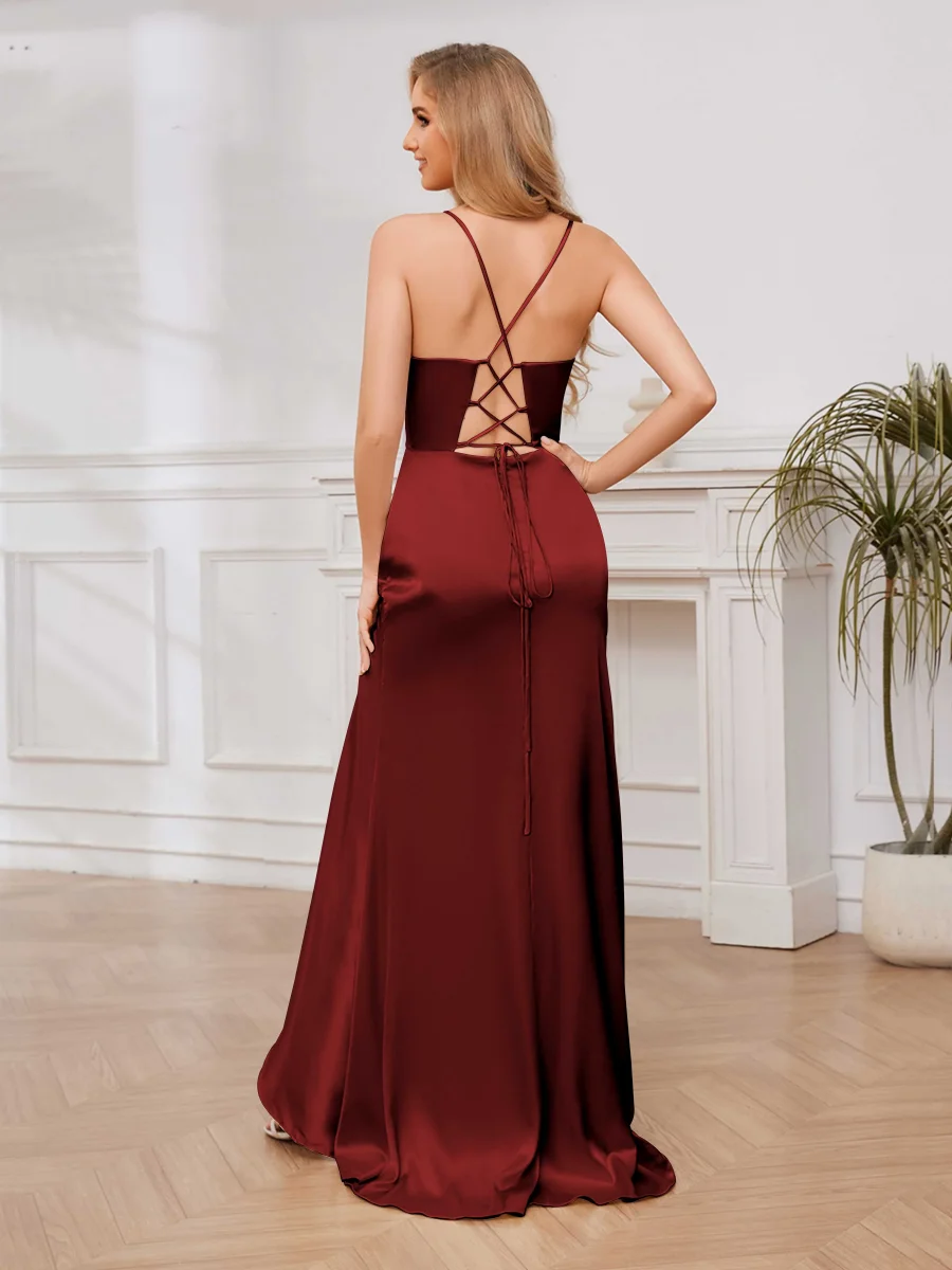Robe De Bal En Satin À Bretelles Spaghetti Fente À Jambe À Lacets Mariam – Image 3