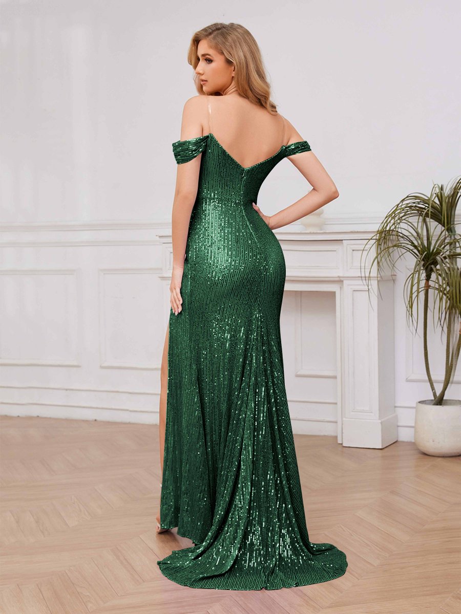 Robe De Bal En Pailleté À Épaules Dénudées Fente À Jambe Traîne Balayage Skyla – Image 3