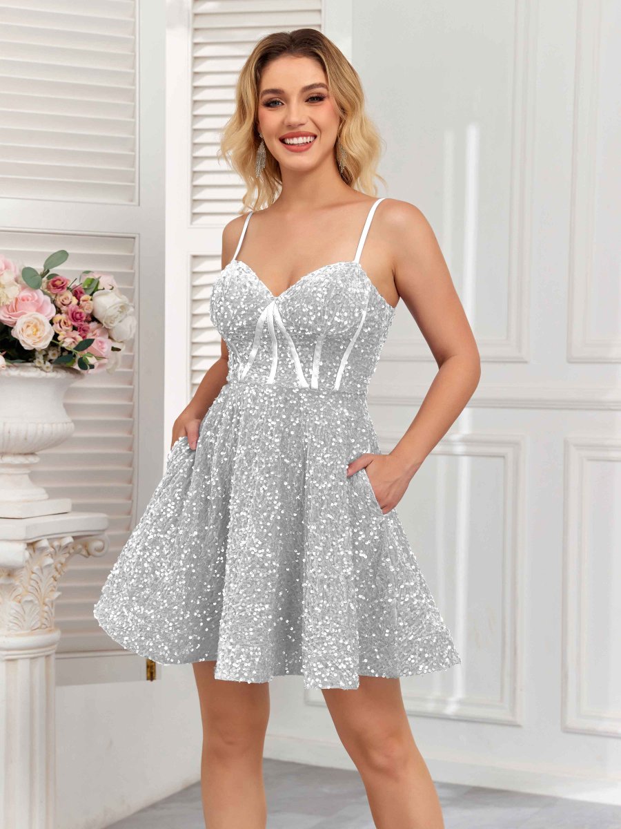 Robes De Bal Courte À Bretelles Spaghetti Avec Poches Laura – Image 7