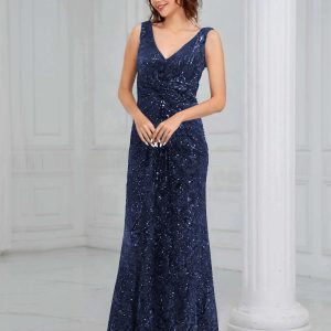 Robe De Soirée En Pailleté À Col V Sans Manches Longueur Au Sol Leslie