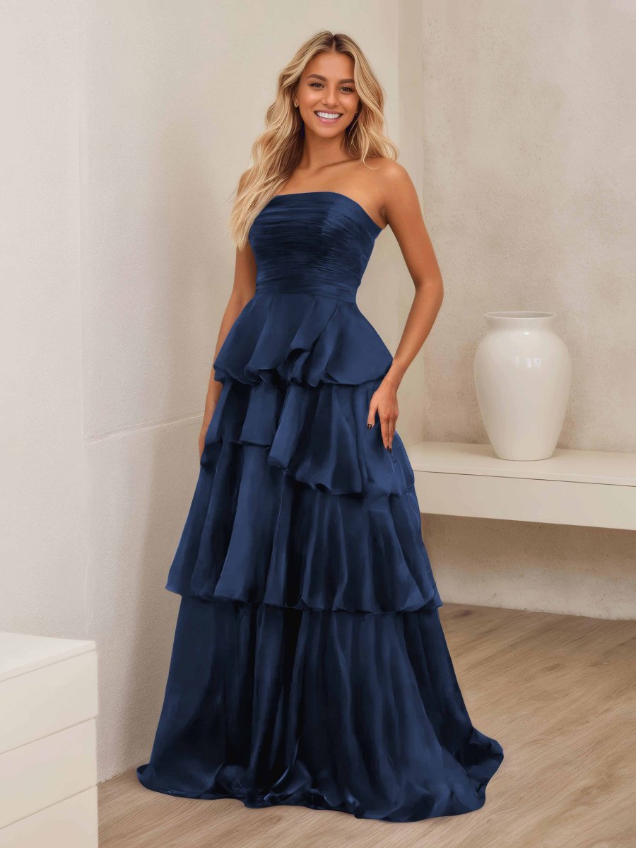 Robe De Soirée En Satin À Ruché Sans Bretelles Multicouche Ellianna