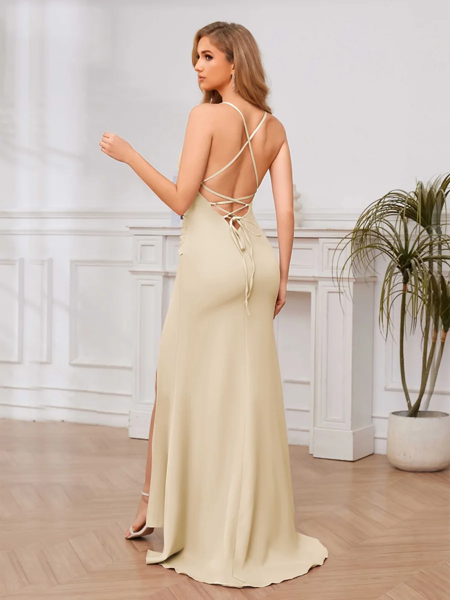 Robe De Soirée En Satin À Bretelles Spaghetti Fente À Jambe À Lacets Holland – Image 6