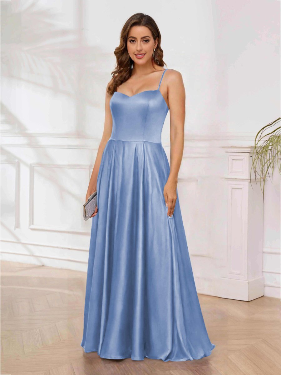 Robe De Soirée En Satin À Bretelles Spaghetti Ligne A Longueur Au Sol Rhea – Image 5