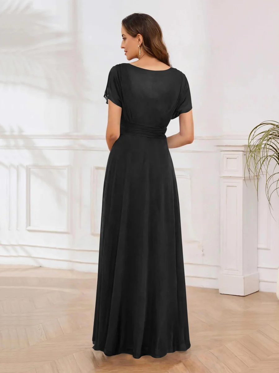 Robe De Soirée En Mousseline À Manches Courtes Longueur Au Sol Malaysia – Image 5