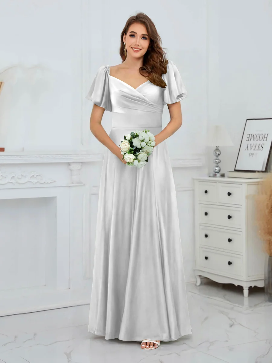 Robes D'Invitées De Mariage En Satin À Manches Courtes Longueur Au Sol Siena – Image 4