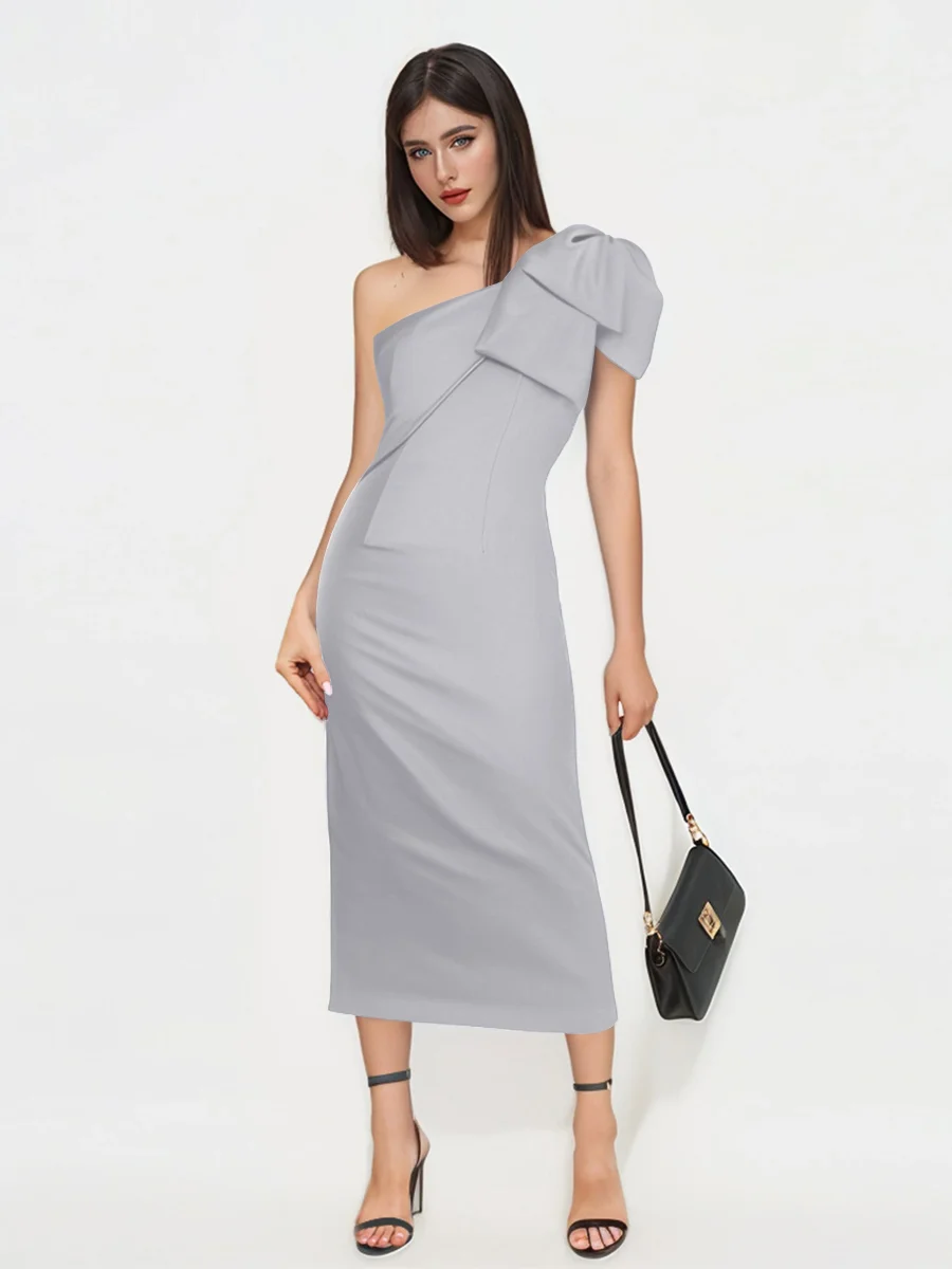 Robes D'Invitées De Mariage En Satin À Midi Une Épaule Avec Arc Reina – Image 3