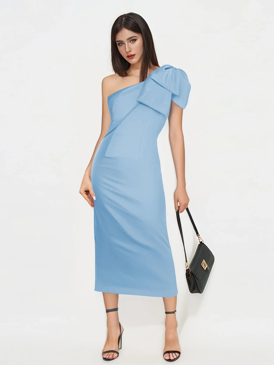 Robes D'Invitées De Mariage En Satin À Midi Une Épaule Avec Arc Reina – Image 4