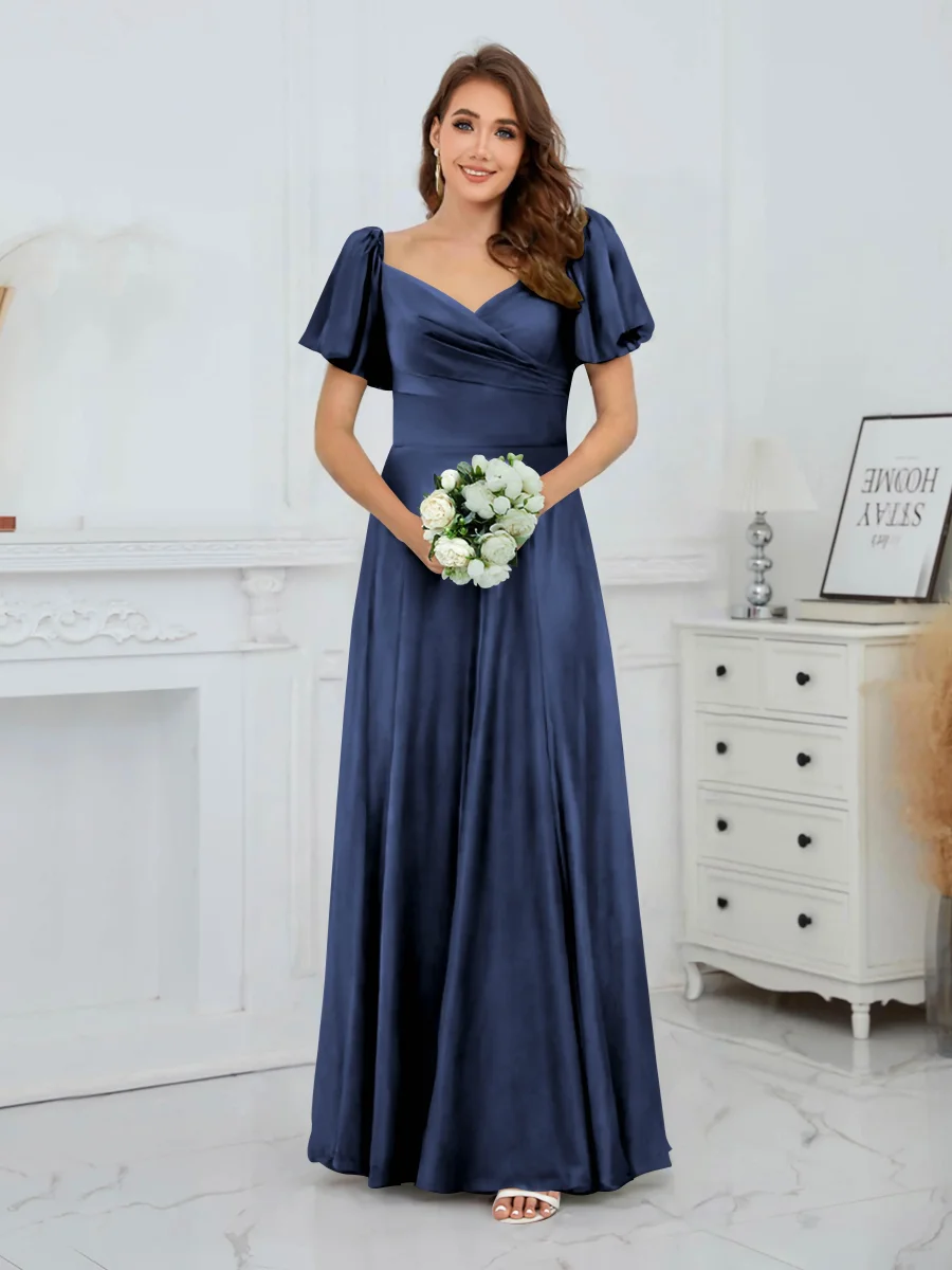 Robes D'Invitées De Mariage En Satin À Manches Courtes Longueur Au Sol Siena – Image 8