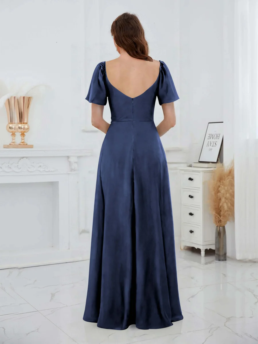 Robes D'Invitées De Mariage En Satin À Manches Courtes Longueur Au Sol Siena – Image 9