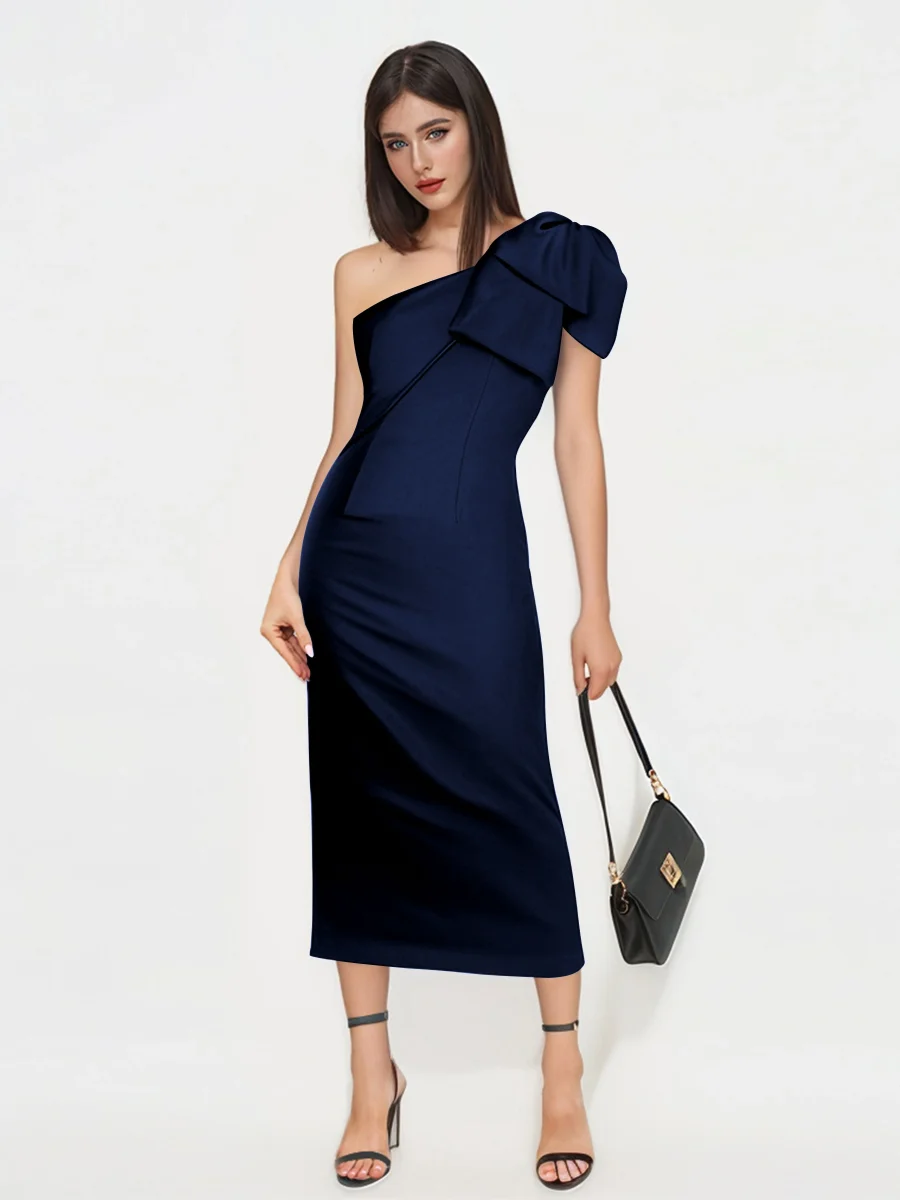 Robes D'Invitées De Mariage En Satin À Midi Une Épaule Avec Arc Reina – Image 5