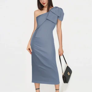 Robes D'Invitées De Mariage En Satin À Midi Une Épaule Avec Arc Reina