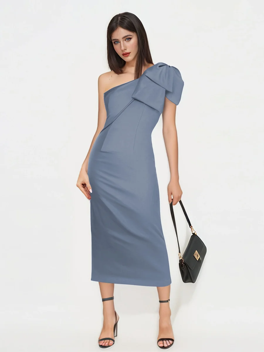 Robes D'Invitées De Mariage En Satin À Midi Une Épaule Avec Arc Reina – Image 2