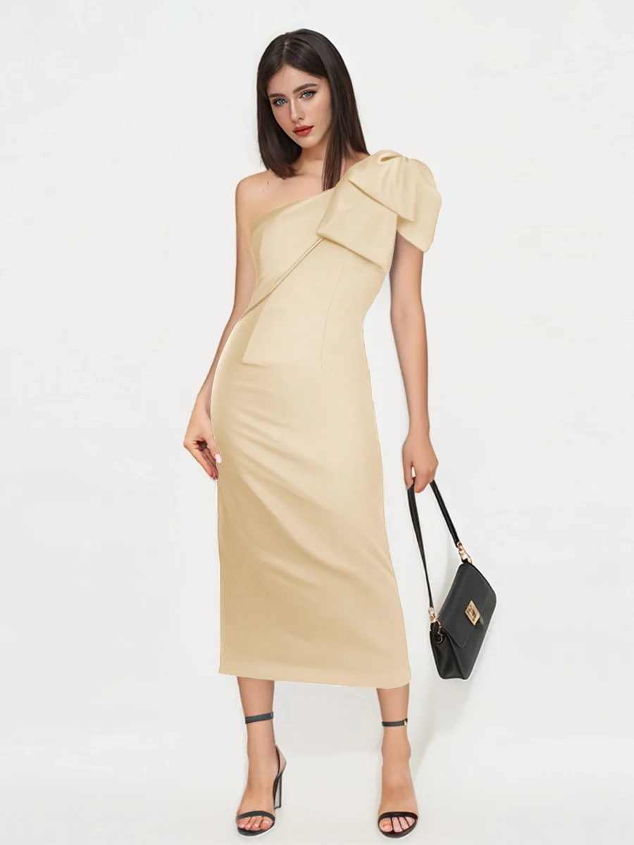 Robes D'Invitées De Mariage En Satin À Midi Une Épaule Avec Arc Reina – Image 8