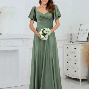 Robes D'Invitées De Mariage En Satin À Manches Courtes Longueur Au Sol Siena