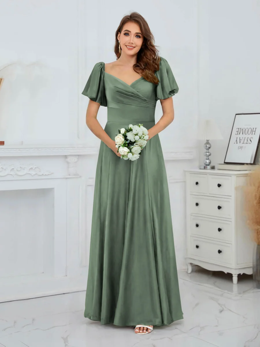 Robes D'Invitées De Mariage En Satin À Manches Courtes Longueur Au Sol Siena