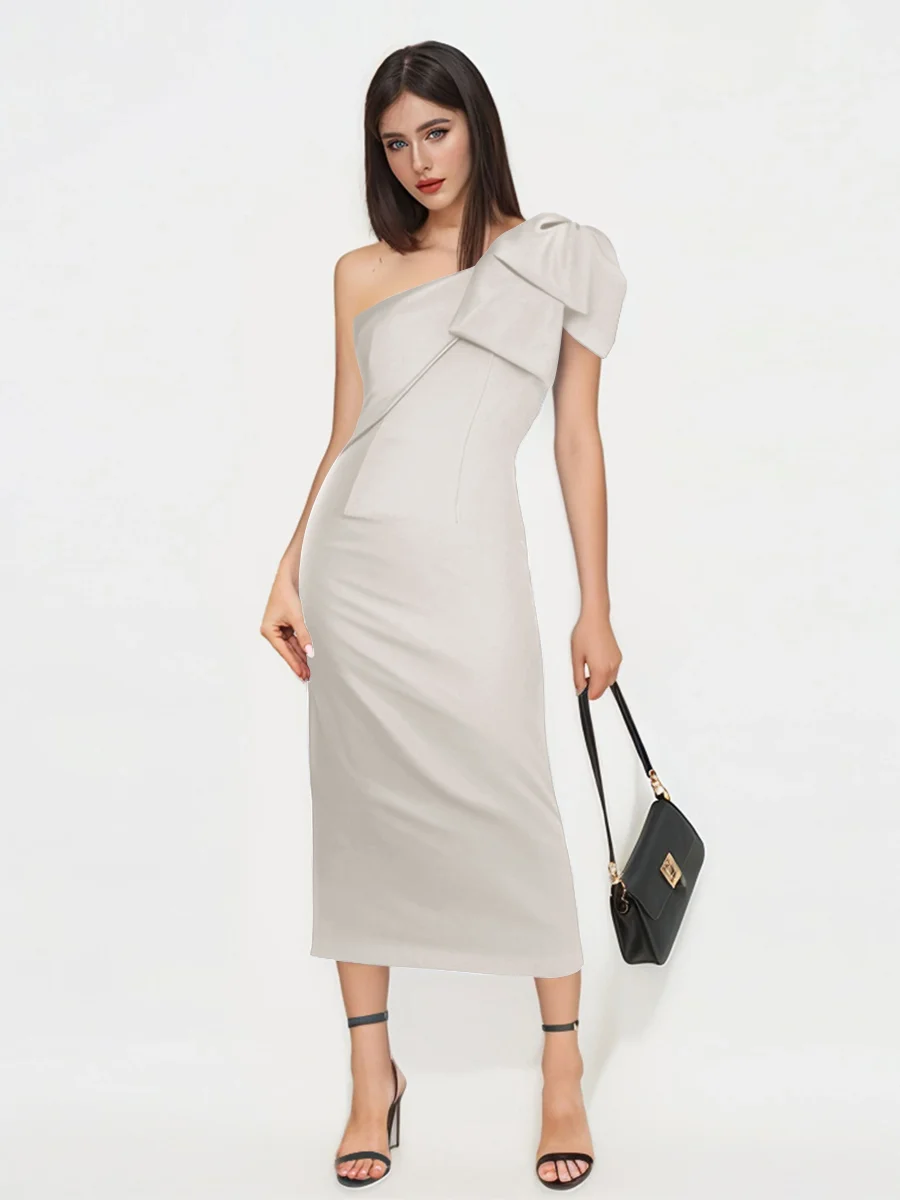 Robes D'Invitées De Mariage En Satin À Midi Une Épaule Avec Arc Reina – Image 9