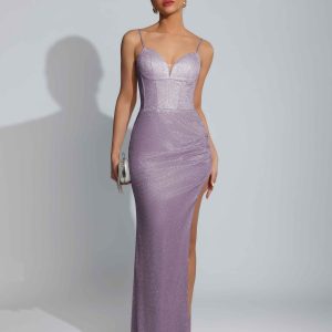 Robes De Bal À Éblouissant Bretelles Spaghetti Plissé Fente À Jambe Longue Paillettes Naelith