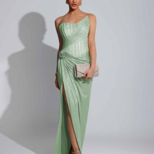 Robes De Bal À Superbe Gaine Une Épaule Fleur Plissée Fente À Jambe Longue Paillettes Saelith