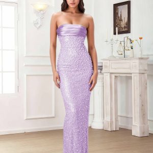 Robes De Bal En Paillete À Élégante Sans Bretelles Perlé Longue Caelara