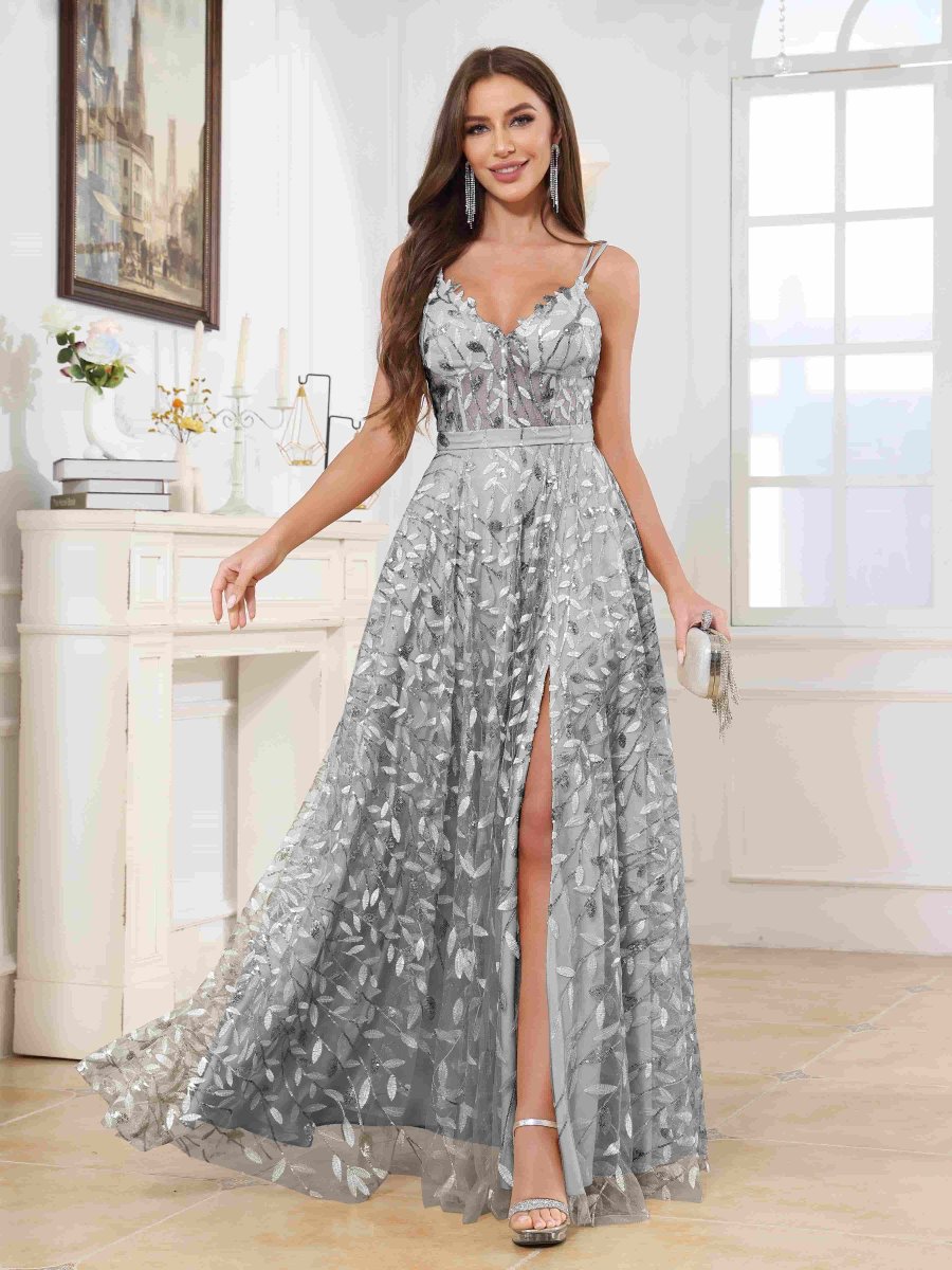 Robes De Bal En Pailleté À Col V Fente À Jambe Longue Johanna – Image 4