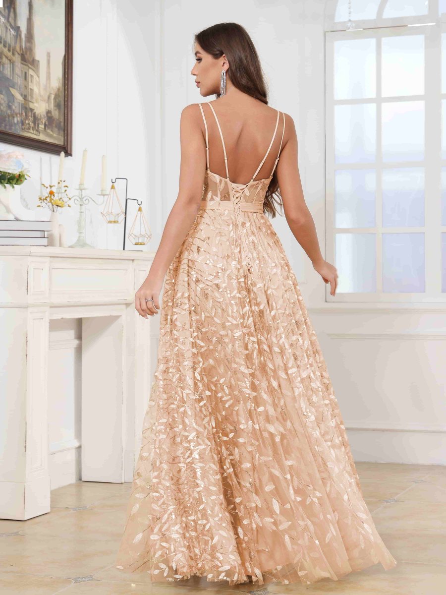 Robes De Bal En Pailleté À Col V Fente À Jambe Longue Johanna – Image 3