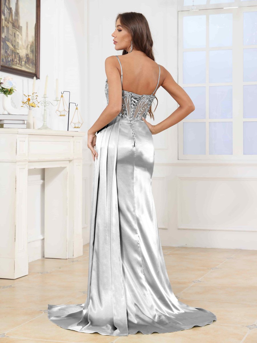 Robes De Bal En Satin À Bretelles Spaghetti Fente À Jambe Longue Maxine – Image 5