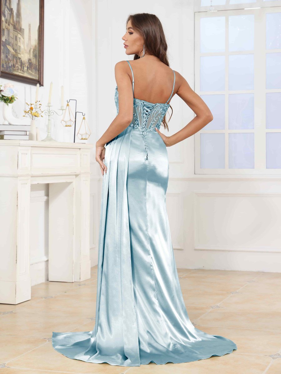 Robes De Bal En Satin À Bretelles Spaghetti Fente À Jambe Longue Maxine – Image 8