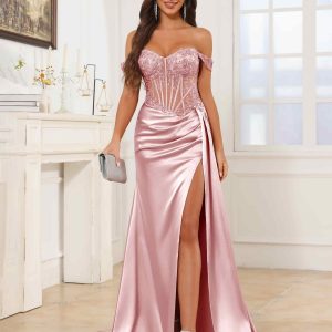 Robes De Bal En Satin À Épaules Dénudées Corset Ruché Fente À Jambe Karla