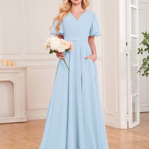 Robes De Demoiselle D'Honneur À Manches Courtes Et Col V Juniper Avec Poches